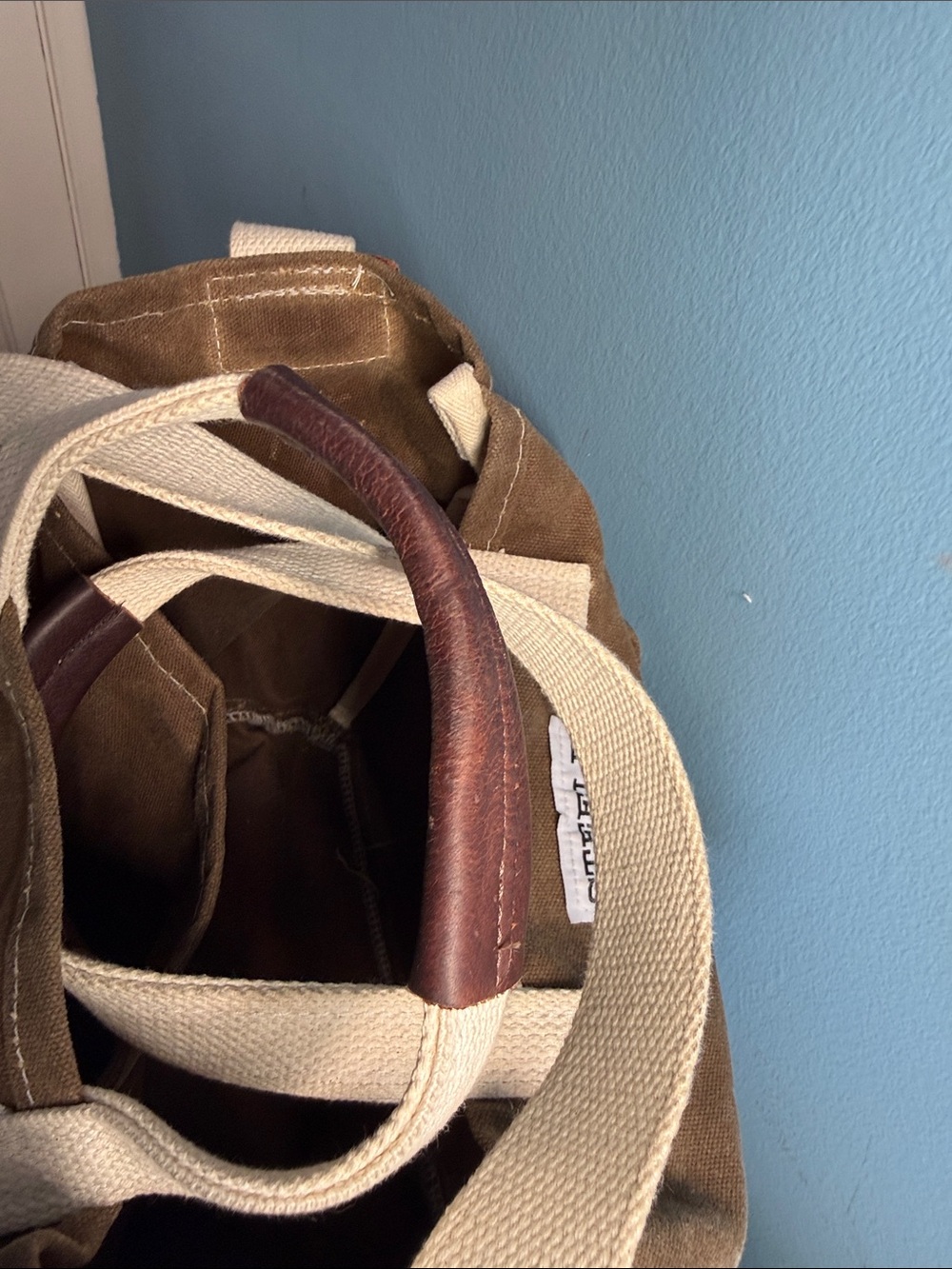 Steele Brown Waxed Canvas Tote with Cattle Hide Grips and Cream Canvas Straps - Picture 8 of 15